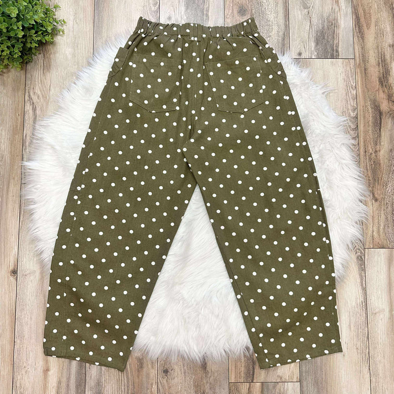 Women’s Olive Polka Dot Barrel Jeans Pants With Bow Pockets