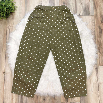 Women’s Olive Polka Dot Barrel Jeans Pants With Bow Pockets