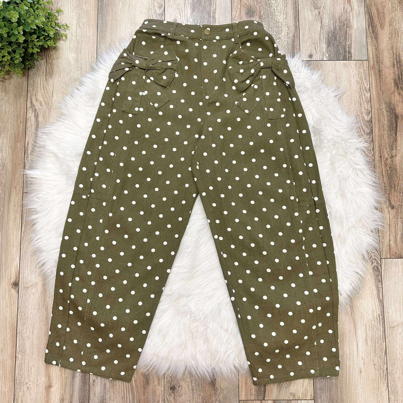 Women’s Olive Polka Dot Barrel Jeans Pants With Bow Pockets