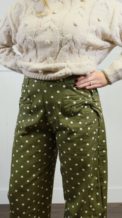 Women’s Olive Polka Dot Barrel Jeans Pants With Bow Pockets