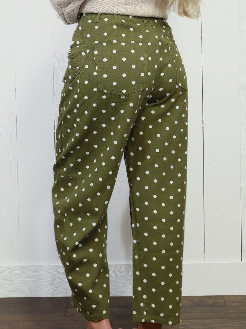 Women’s Olive Polka Dot Barrel Jeans Pants With Bow Pockets
