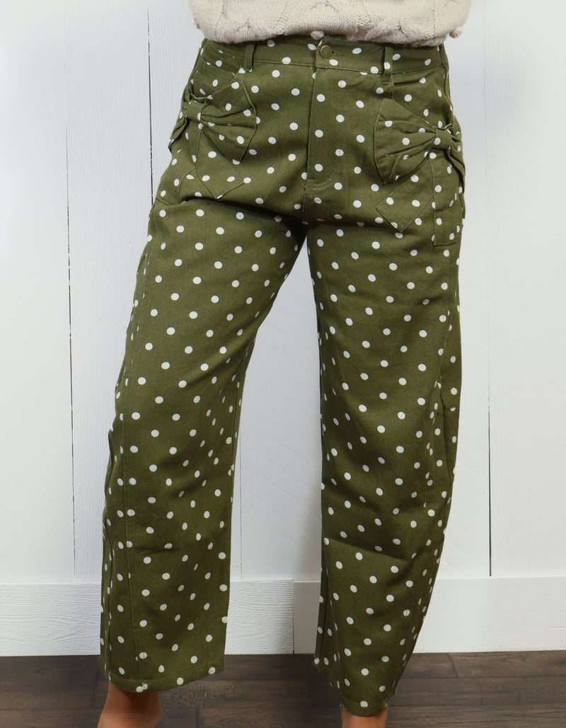 Women’s Olive Polka Dot Barrel Jeans Pants With Bow Pockets