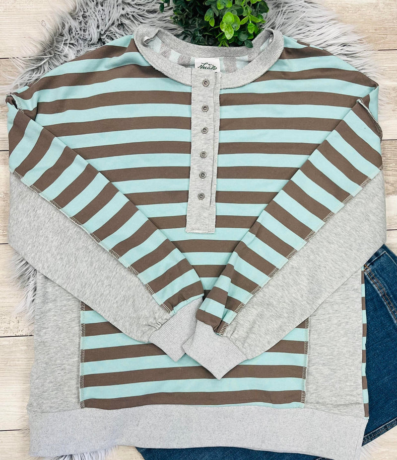 Women’s Oversized Stripe Half Button Down Top Mint and Grey