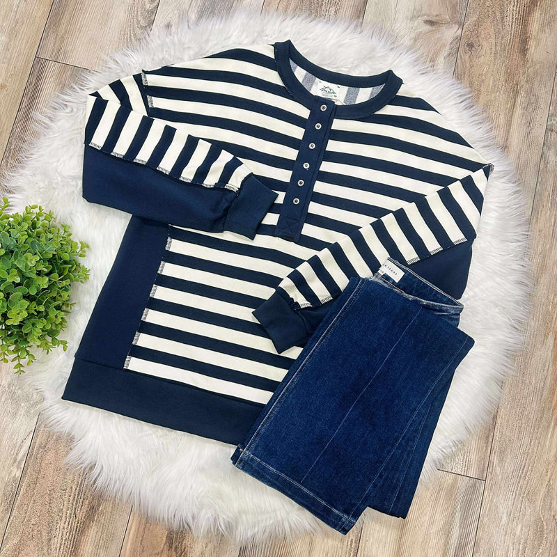 Women’s Oversized Stripe Half Button Down Top Navy