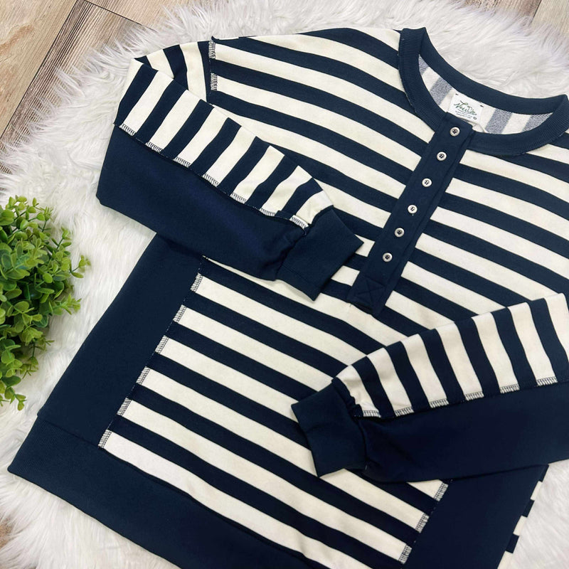 Women’s Oversized Stripe Half Button Down Top Navy