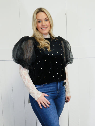 Women’s Pearl Velvet Puff Sleeve Top