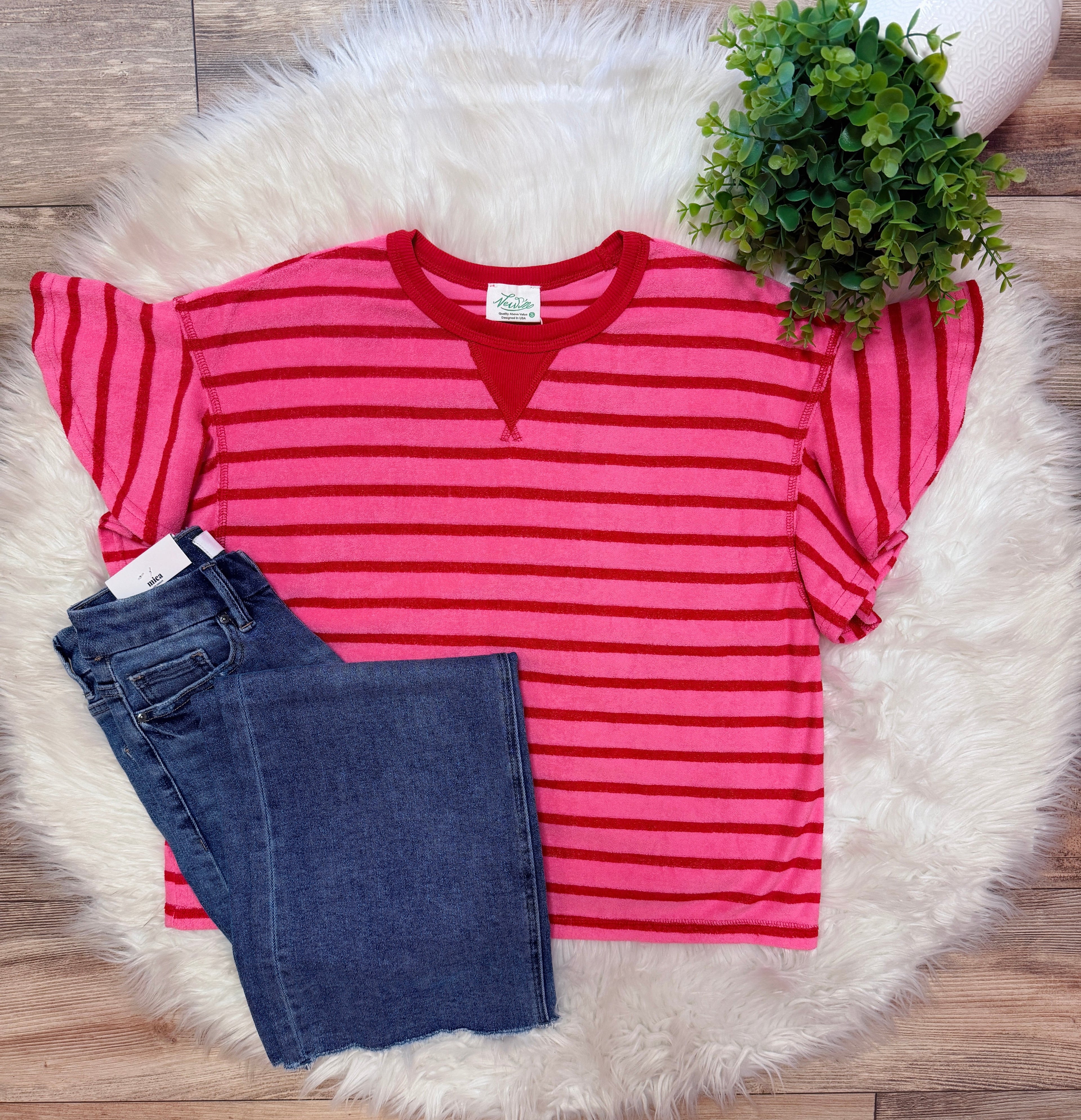 Women’s Pink and Red Stripe Ruffle Sleeve Top