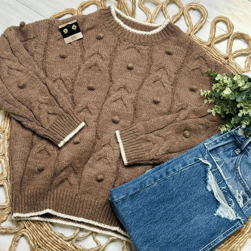Women’s Pom Detail Cable Knit Sweater Mocha