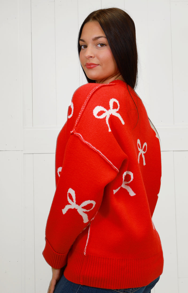 Women’s Red Bow Print Sweater Top