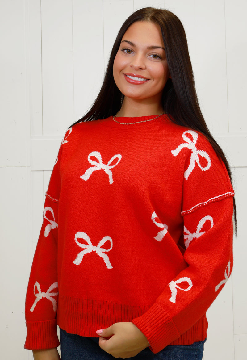 Women’s Red Bow Print Sweater Top