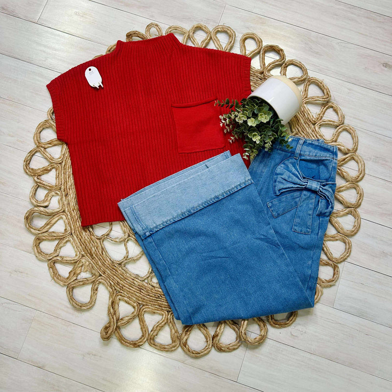 Women’s Basic Red Mock Neck Pocket Sweater