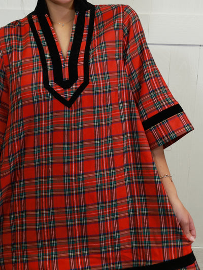 Women’s Red Plaid Velvet Trim Dress