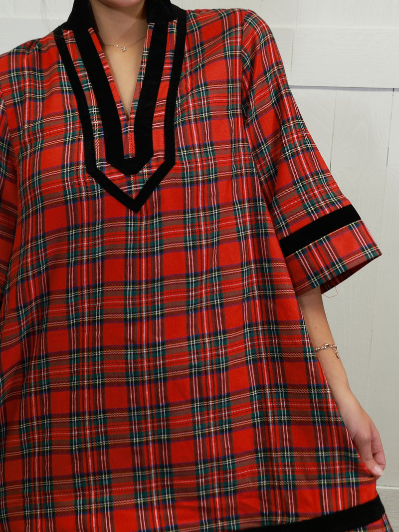 Women’s Red Plaid Velvet Trim Dress
