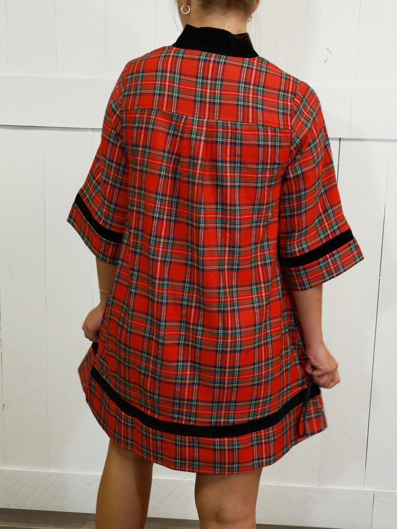 Women’s Red Plaid Velvet Trim Dress