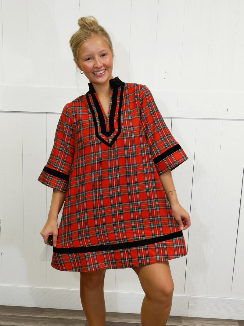 Women’s Red Plaid Velvet Trim Dress