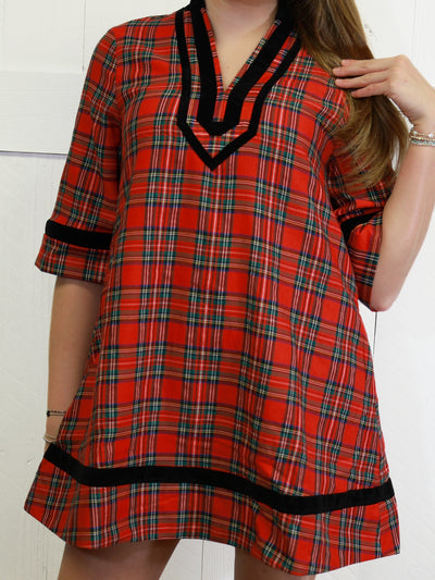 Women’s Red Plaid Velvet Trim Dress