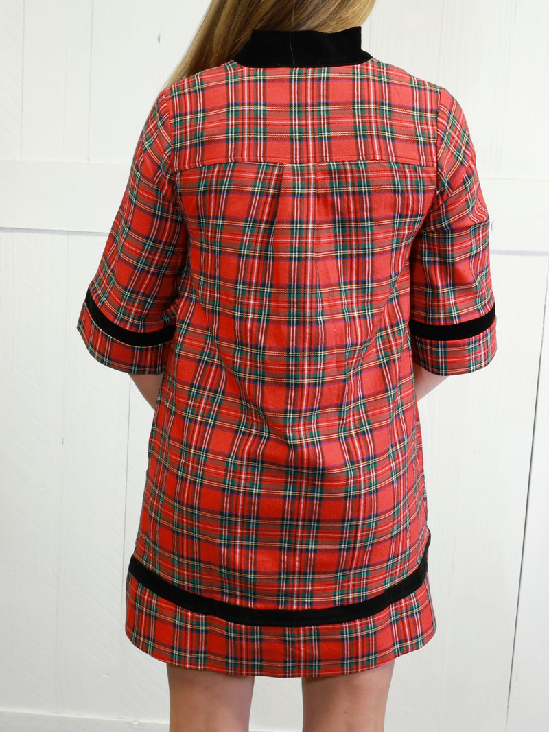 Women’s Red Plaid Velvet Trim Dress