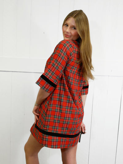 Women’s Red Plaid Velvet Trim Dress