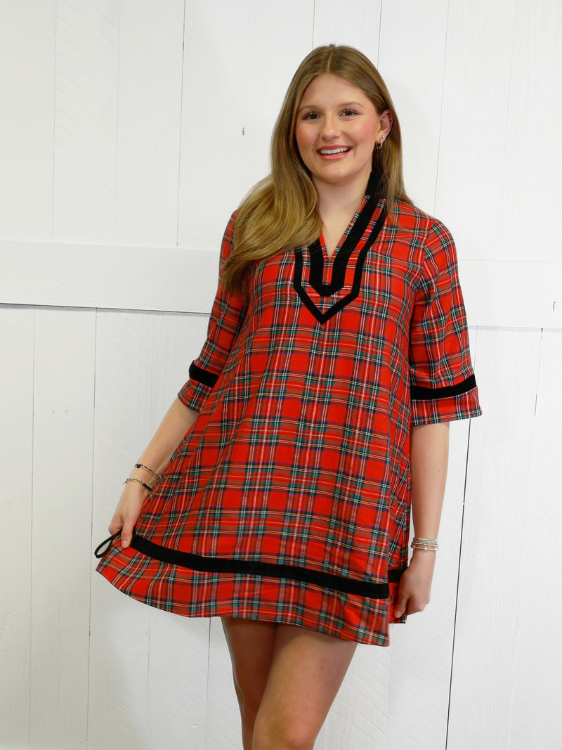 Women’s Red Plaid Velvet Trim Dress