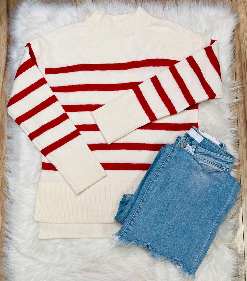 Women’s Red Stripe Mock Neck Sweater Top