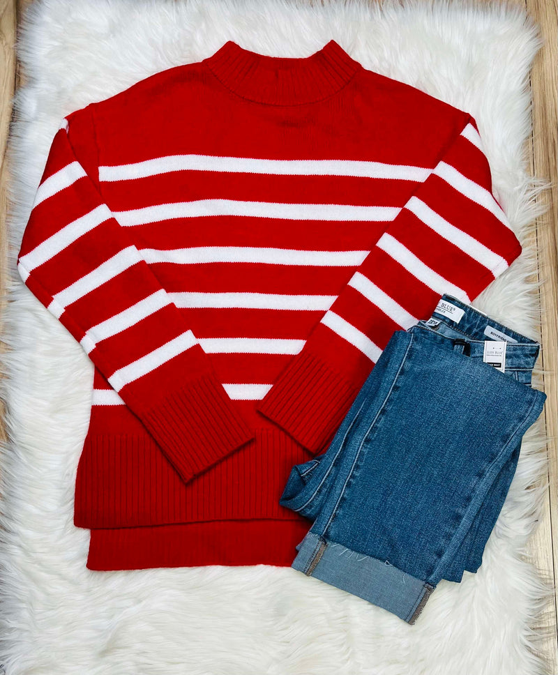 Women’s Red and white Mock Neck Sweater Top