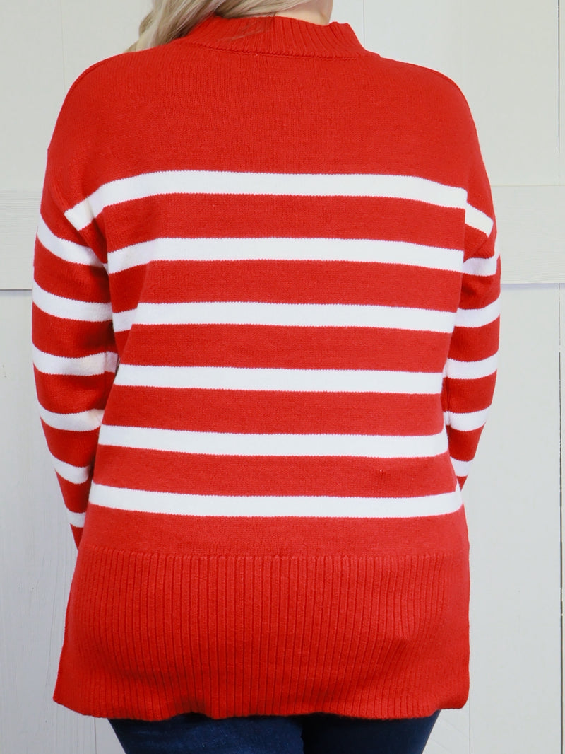 Women’s Red and white Mock Neck Sweater Top