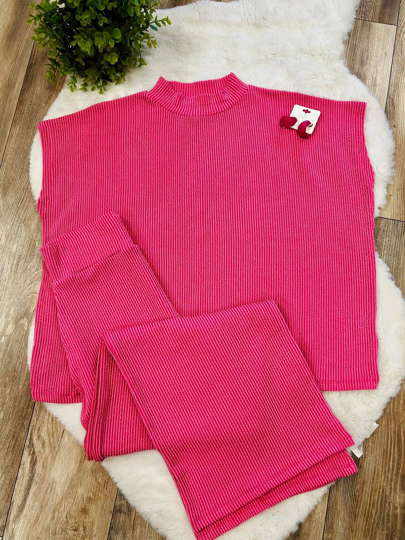 Women’s Ribbed Mock Neck Top and Pants Set in Hott Pink