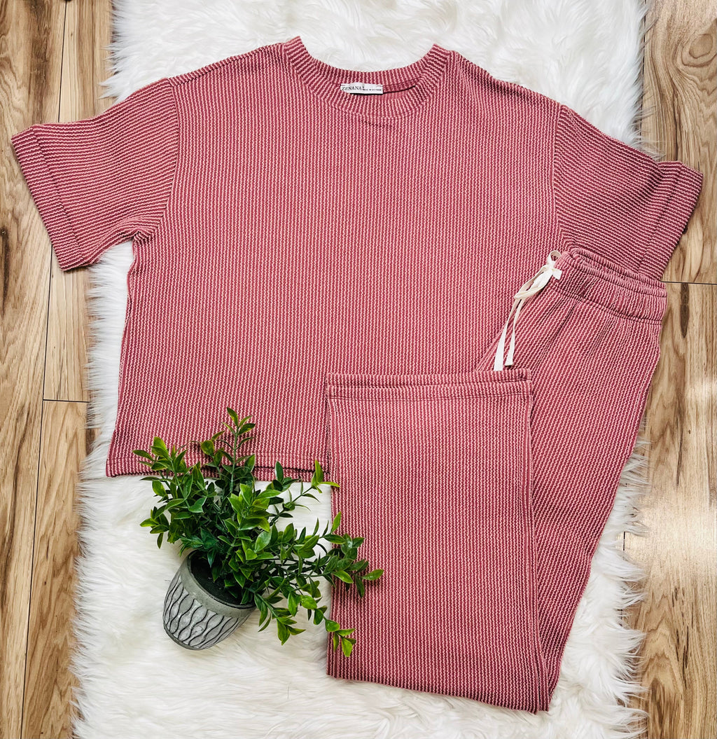 Women’s Ribbed Top and Drawstring Pant Set in rose