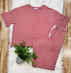 Women’s Ribbed Top and Drawstring Pant Set in rose