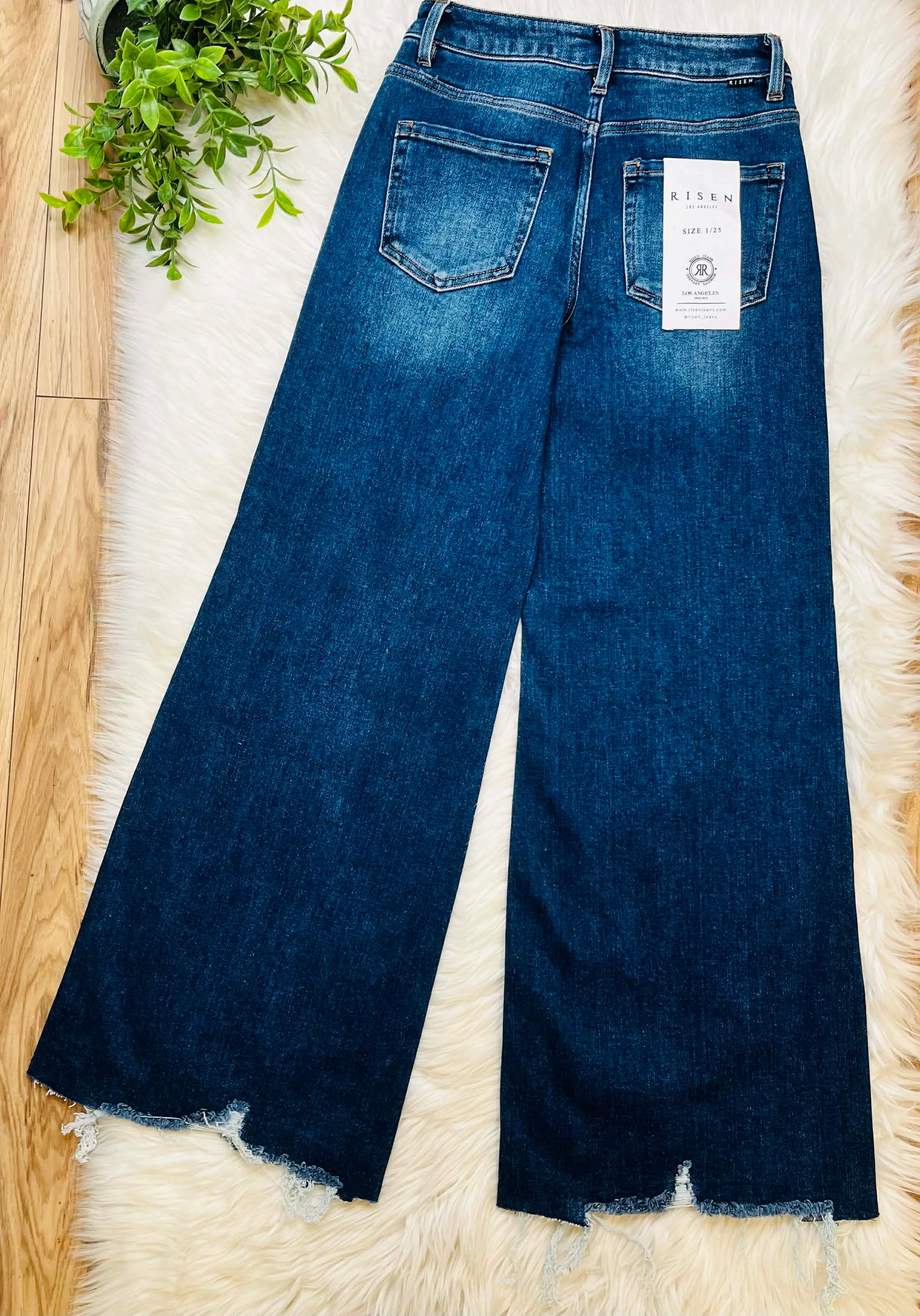Women’s Risen High Rise Dark Wash Wide Leg Jeans Style #1594