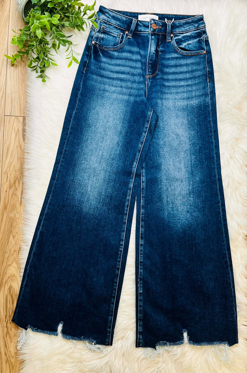 Women’s Risen High Rise Dark Wash Wide Leg Jeans Style #1594