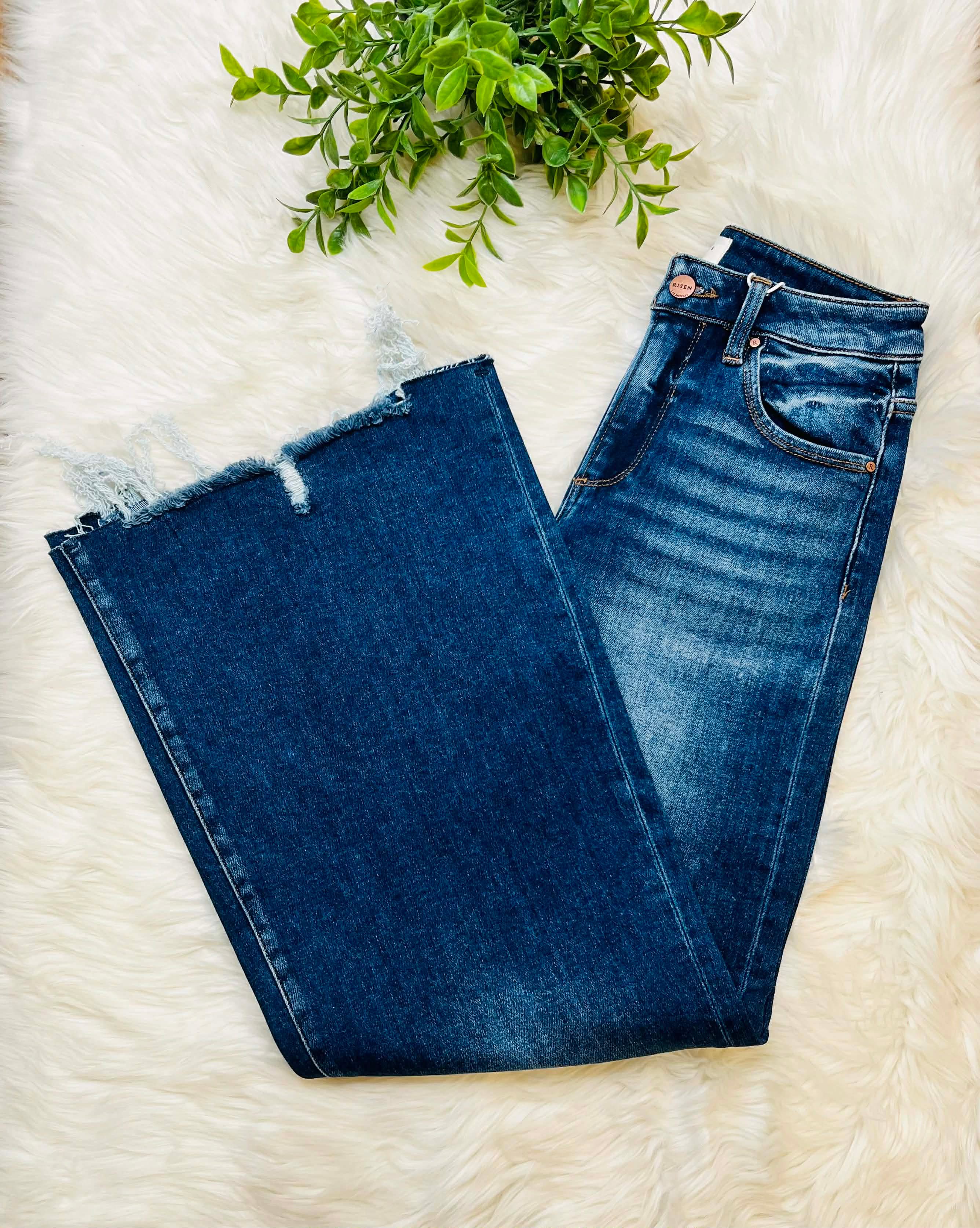 Women’s Risen High Rise Dark Wash Wide Leg Jeans Style #1594
