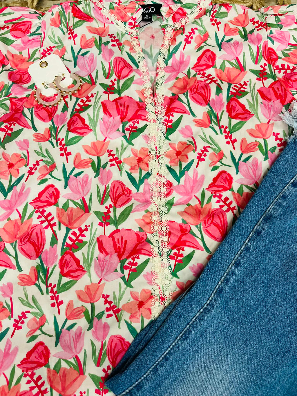 Women’s Rose Floral Print Puff Sleeve Top with Decorative Trim