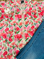 Women’s Rose Floral Print Puff Sleeve Top with Decorative Trim
