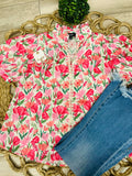 Women’s Rose Floral Print Puff Sleeve Top with Decorative Trim