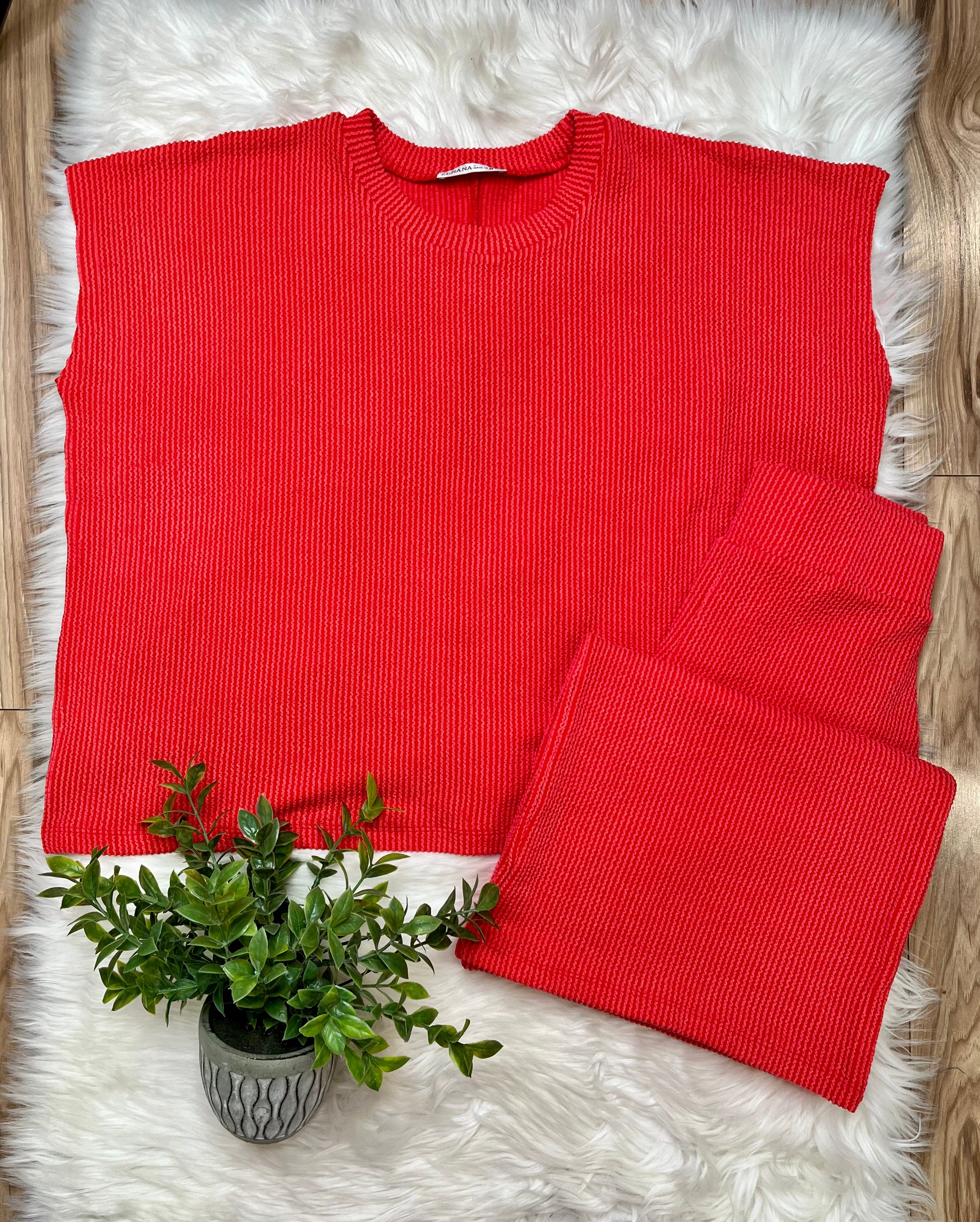 Women’s Ruby Red Ribbed Sleeveless Pant Set