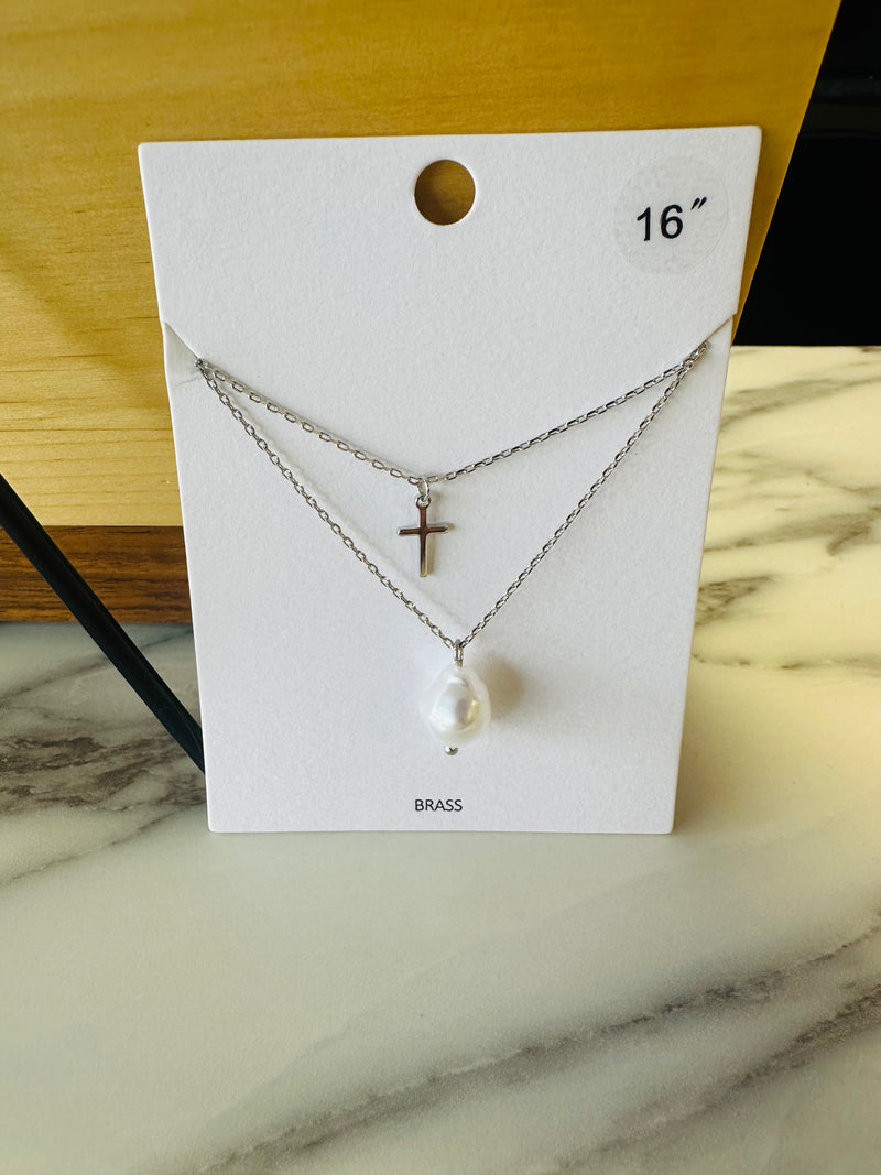 Women’s Silver Cross and Pearl Layered Necklace