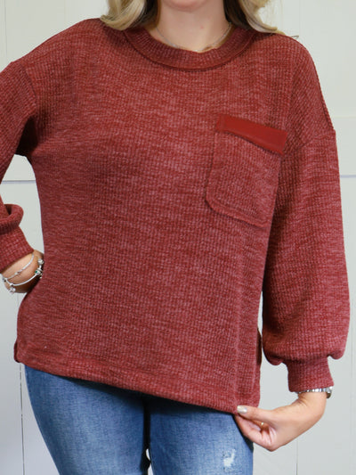 Women’s Basic Solid Pocket Pullover Sweater Burgundy
