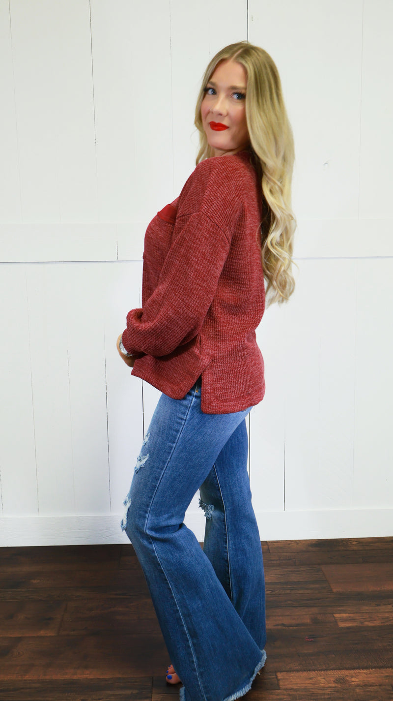 Women’s Basic Solid Pocket Pullover Sweater Burgundy