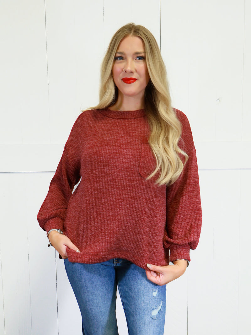 Women’s Basic Solid Pocket Pullover Sweater Burgundy