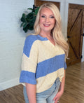 Women’s Split Neck Stripe Sweater Top Cornflower Blue