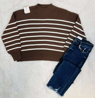 Women’s Stripe Exposed Seam Oversized Sweater Brown Top Pullover