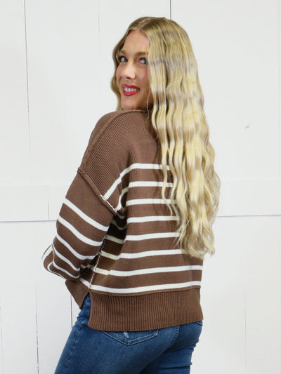 Women’s Stripe Exposed Seam Oversized Sweater Brown Top Pullover