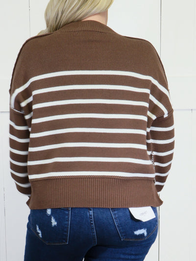 Women’s Stripe Exposed Seam Oversized Sweater Brown Top Pullover
