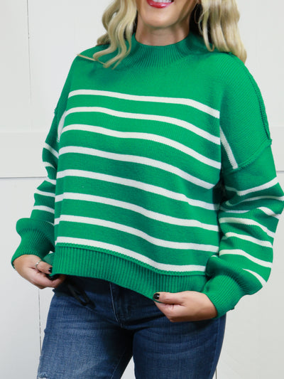 Women’s Stripe Exposed Seam Oversized Sweater Kelly Green Top Pullover