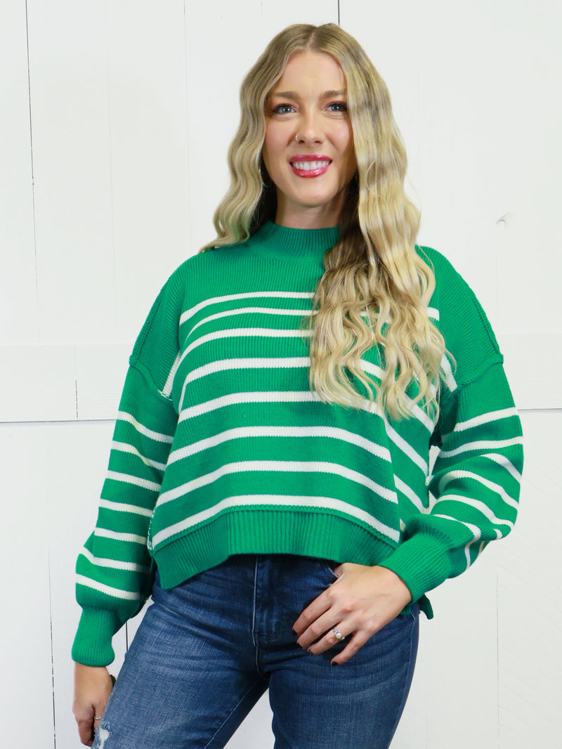 Women’s Stripe Exposed Seam Oversized Sweater Kelly Green Top Pullover