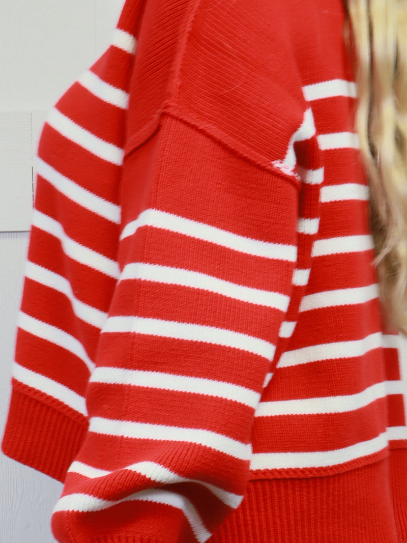 Women’s Stripe Exposed Seam Oversized Sweater Top Red