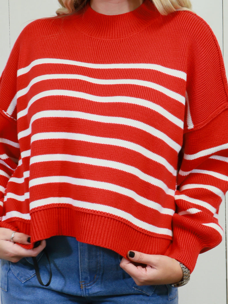 Women’s Stripe Exposed Seam Oversized Sweater Top Red