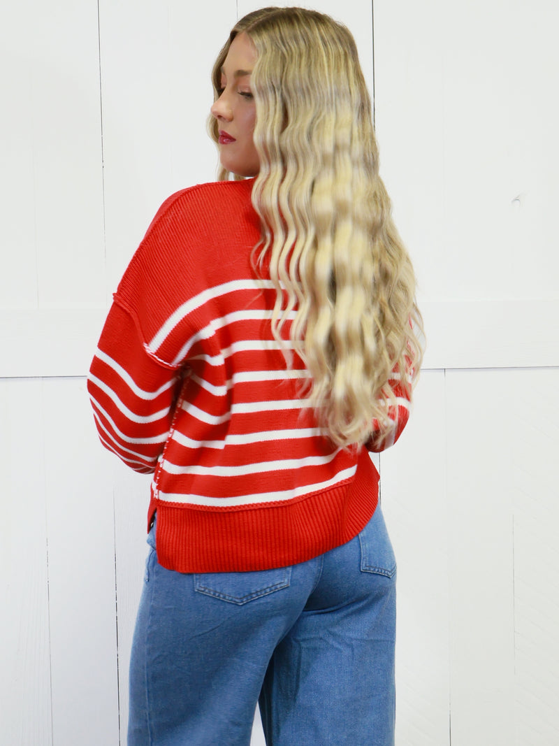 Women’s Stripe Exposed Seam Oversized Sweater Top Red