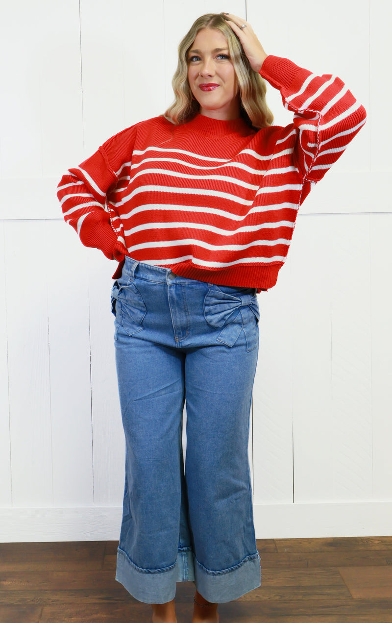 Women’s Stripe Exposed Seam Oversized Sweater Top Red